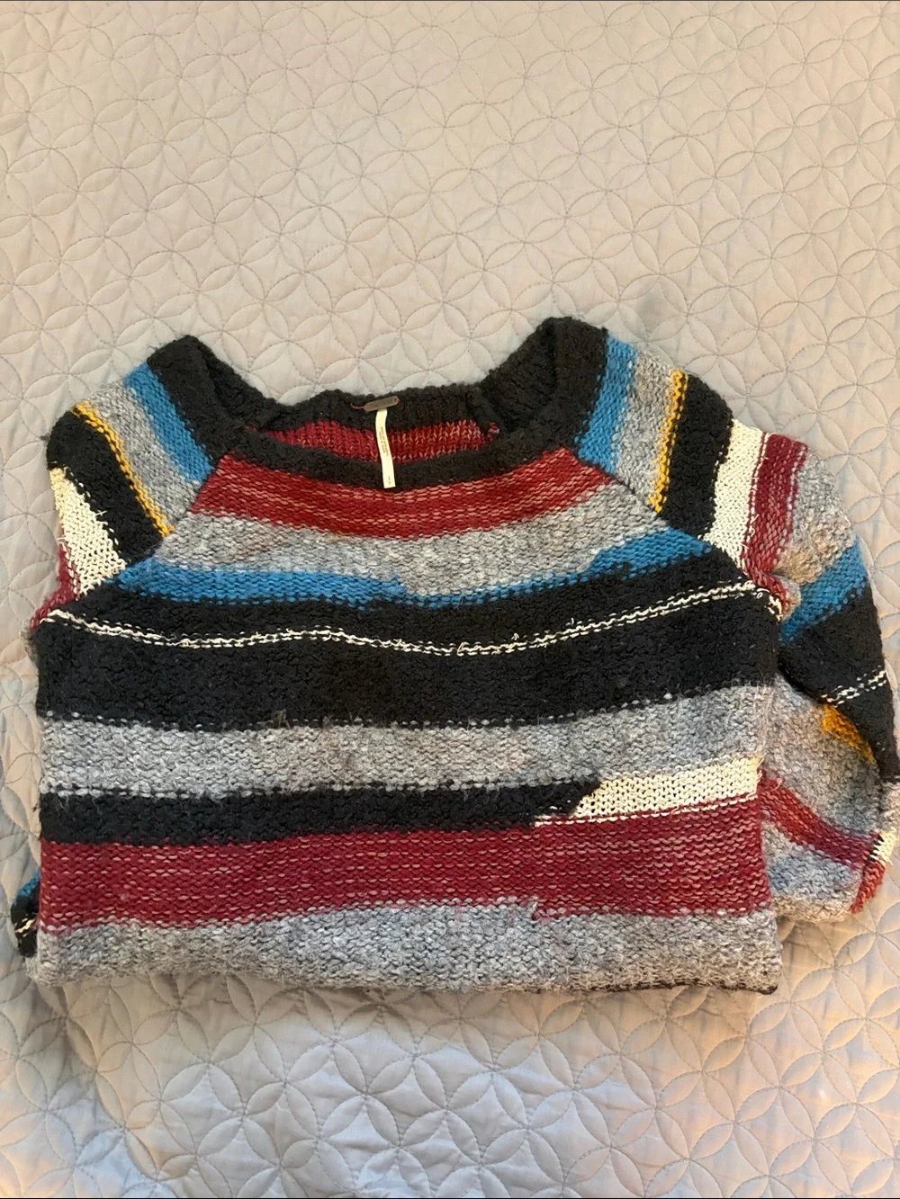 Free People Striped Crewneck Sweater in Black, Gray, Blue, Red & Yellow
